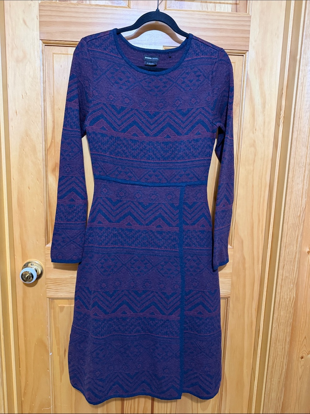 Prana Nautical Intarsia Cascadence Long-Sleeve Sweater Dress in Burgundy & Navy